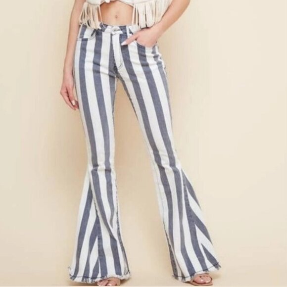 Bestto Women's Striped Flare Denim Pants - Picture 1 of 7